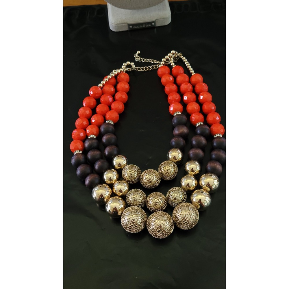 Vintage Orange Purple Gold Tone Multi Strand Statement Necklace 16in 142g
